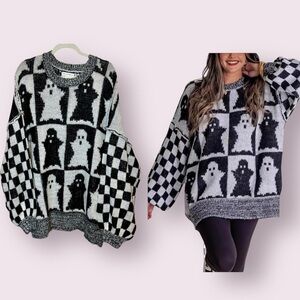 Nellie Mae Boutique viral Spooky Season Ghost Sweater Black & White Oversized XL